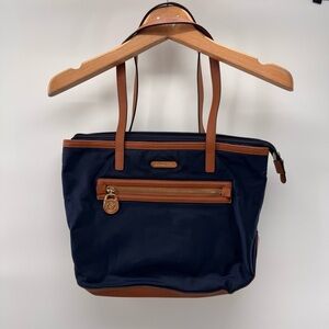 Michael Kors Kempton Navy Blue Nylon Brown Leather Tote HandBag Retail $138
